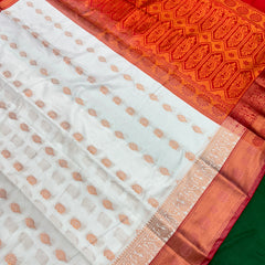 White Colour Saree With Contrast Red Border & Work Blouse