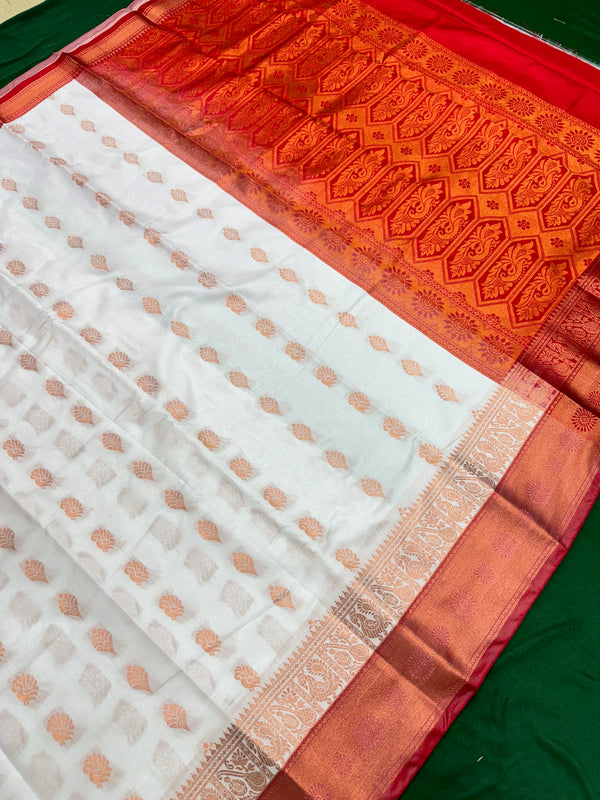 White Colour Saree With Contrast Red Border & Work Blouse