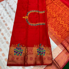 White Colour Saree With Contrast Red Border & Work Blouse