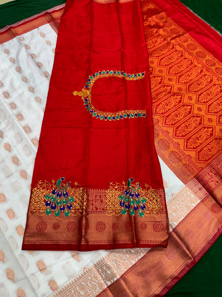 White Colour Saree With Contrast Red Border & Work Blouse