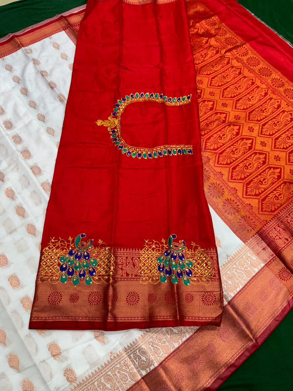 White Colour Saree With Contrast Red Border & Work Blouse