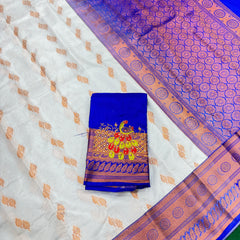 White Colour Saree With Contrast Blue Border & Work Blouse