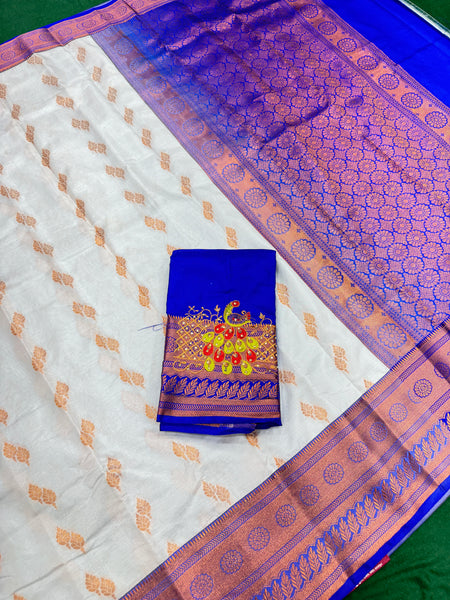 White Colour Saree With Contrast Blue Border & Work Blouse