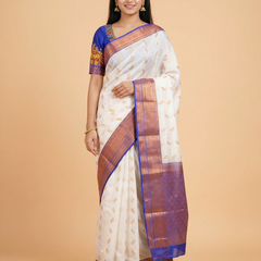 White Colour Saree With Contrast Blue Border & Work Blouse