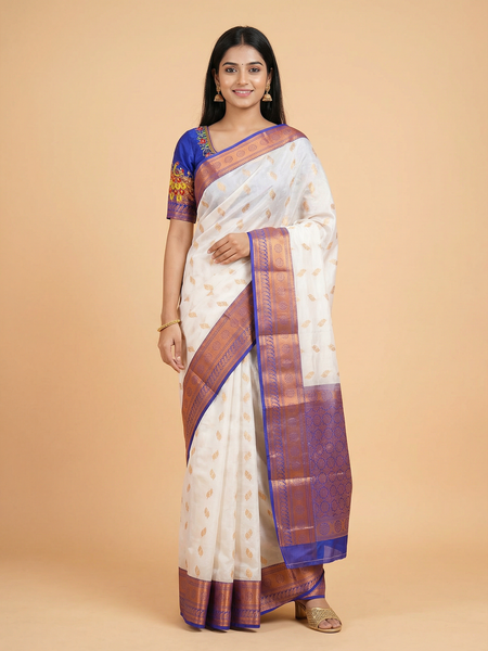 White Colour Saree With Contrast Blue Border & Work Blouse