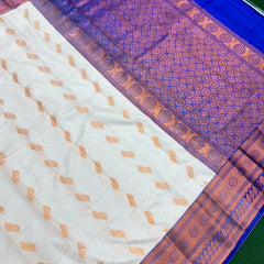 White Colour Saree With Contrast Blue Border & Work Blouse