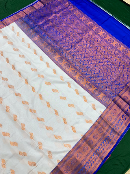 White Colour Saree With Contrast Blue Border & Work Blouse