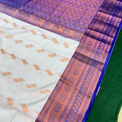 White Colour Saree With Contrast Blue Border & Work Blouse