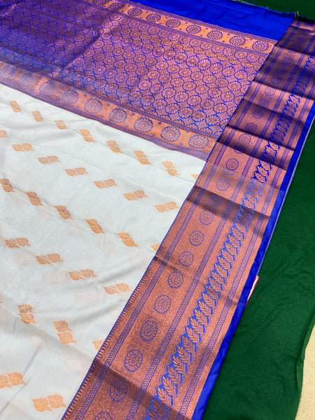 White Colour Saree With Contrast Blue Border & Work Blouse