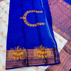 White Colour Saree With Contrast Blue Border & Work Blouse