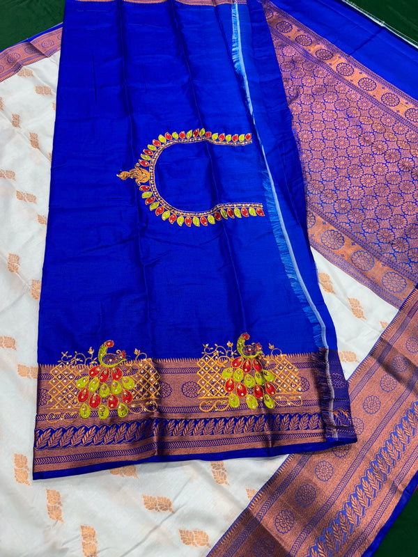 White Colour Saree With Contrast Blue Border & Work Blouse
