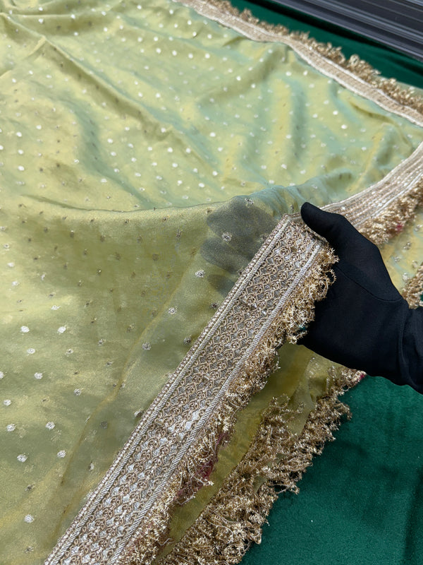 Janhvi Kapoor Inspired Tissue Saree In Pestal Green Colour With Trending Border