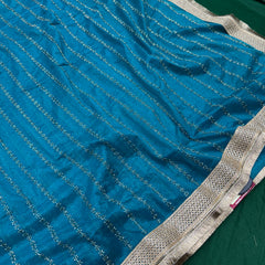 Designer Tissue Saree With Allover Work In Teal Blue Colour With Trending Border