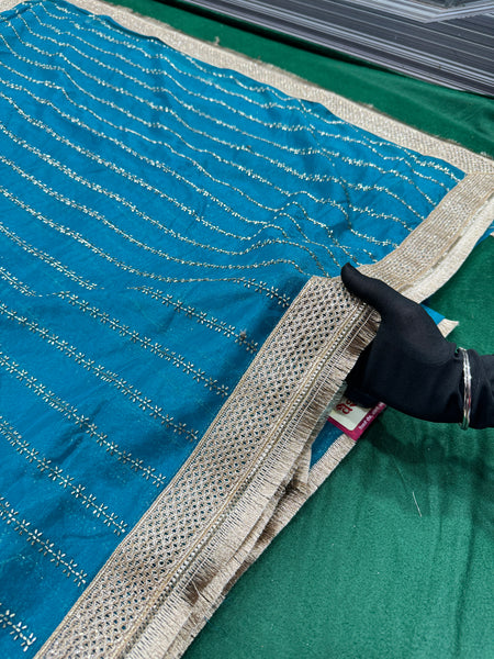 Designer Tissue Saree With Allover Work In Teal Blue Colour With Trending Border