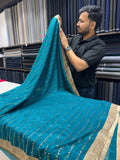 Designer Tissue Saree With Allover Work In Teal Blue Colour With Trending Border
