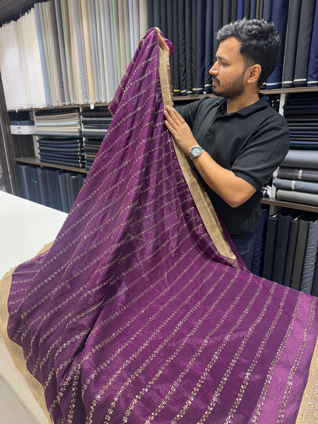 Designer Tissue Saree With Allover Work In Pruple Colour With Trending Border
