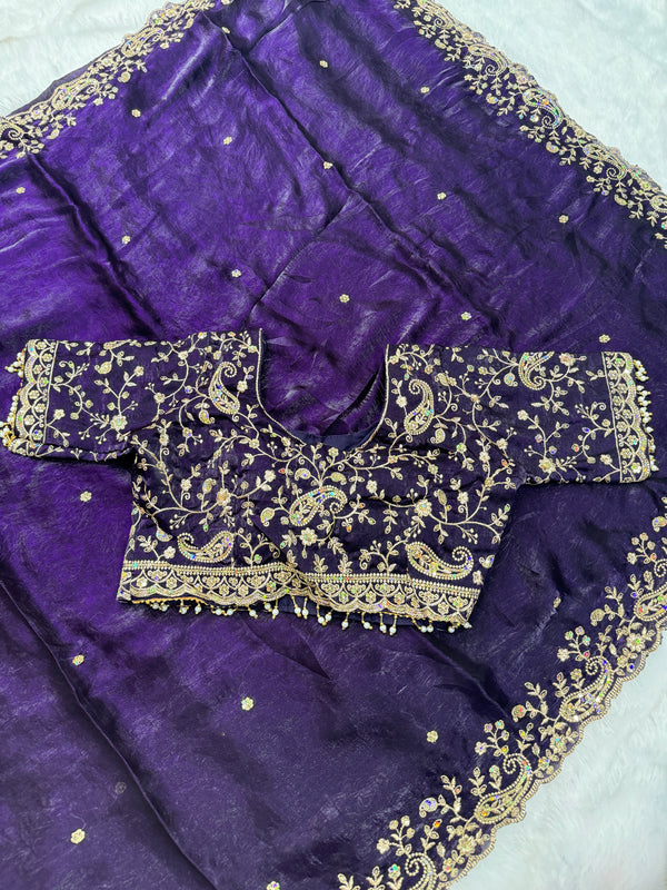 Statement Designer Purple Saree With Heavy Work Ready Blouse