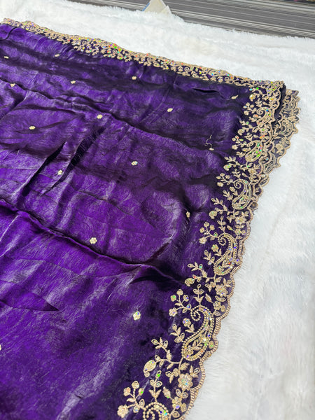 Statement Designer Purple Saree With Heavy Work Ready Blouse