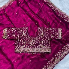 Statement Designer Wine Saree With Heavy Work Ready Blouse
