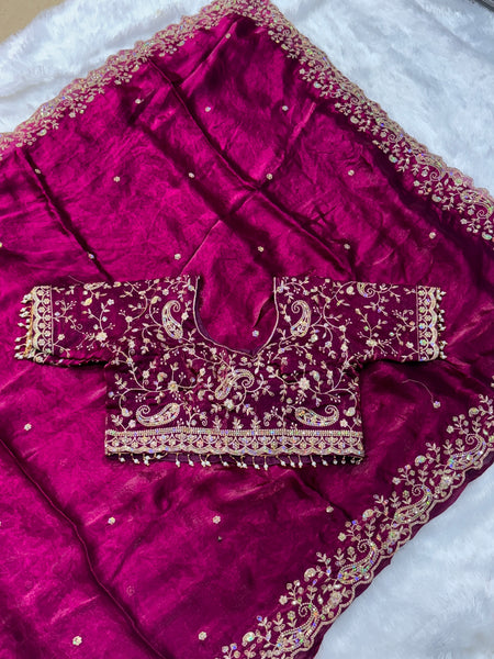 Statement Designer Wine Saree With Heavy Work Ready Blouse