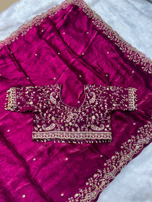 Statement Designer Wine Saree With Heavy Work Ready Blouse