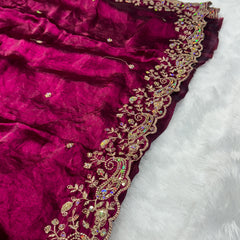 Statement Designer Wine Saree With Heavy Work Ready Blouse