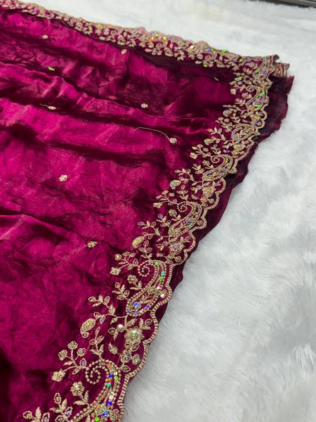 Statement Designer Wine Saree With Heavy Work Ready Blouse