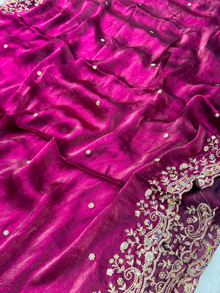 Statement Designer Wine Saree With Heavy Work Ready Blouse