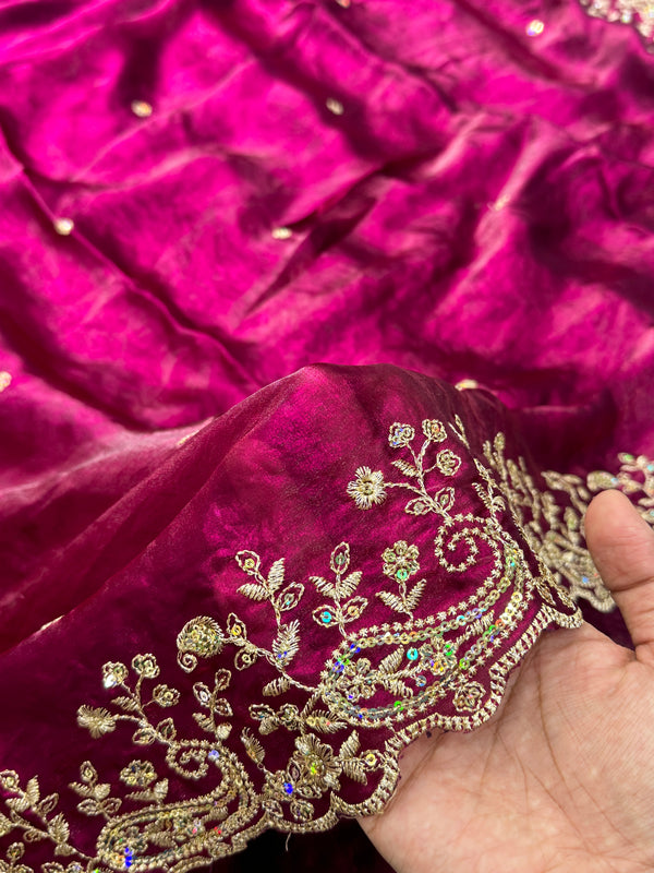 Statement Designer Wine Saree With Heavy Work Ready Blouse