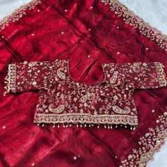 Statement Designer Maroon Saree With Heavy Work Ready Blouse