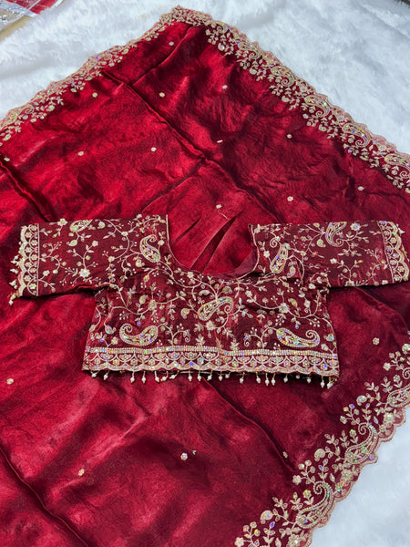 Statement Designer Maroon Saree With Heavy Work Ready Blouse