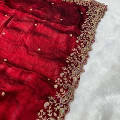 Statement Designer Maroon Saree With Heavy Work Ready Blouse