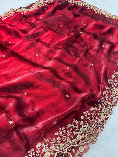 Statement Designer Maroon Saree With Heavy Work Ready Blouse