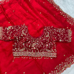 Statement Designer Cherry Red Blue Saree With Heavy Work Ready Blouse