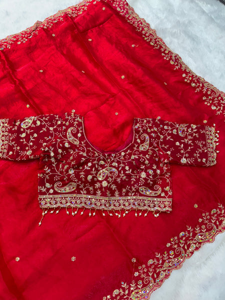 Statement Designer Cherry Red Blue Saree With Heavy Work Ready Blouse