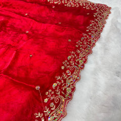 Statement Designer Cherry Red Blue Saree With Heavy Work Ready Blouse