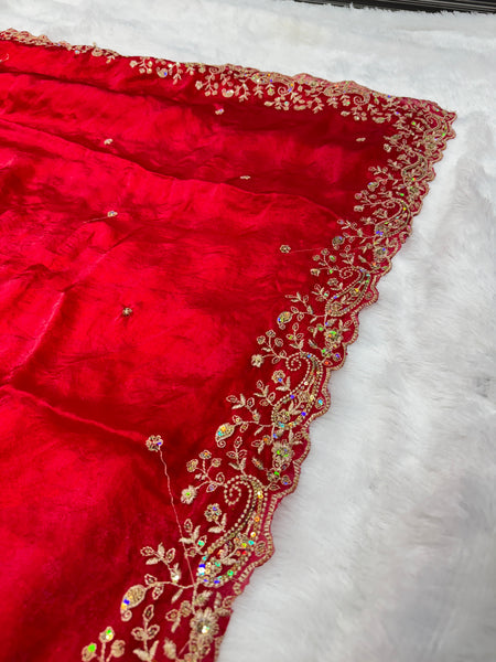 Statement Designer Cherry Red Blue Saree With Heavy Work Ready Blouse