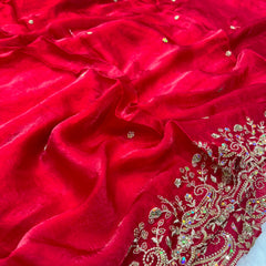 Statement Designer Cherry Red Blue Saree With Heavy Work Ready Blouse