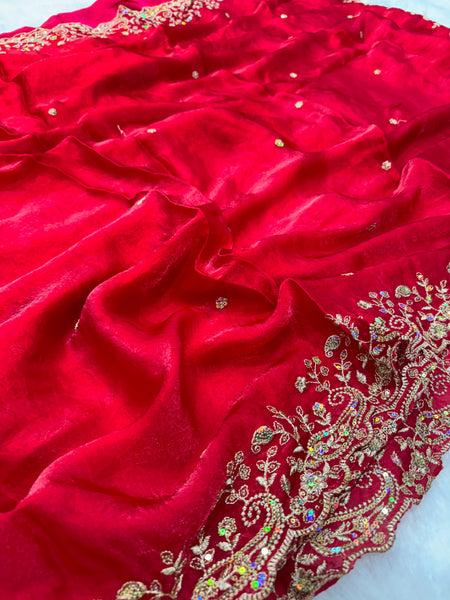 Statement Designer Cherry Red Blue Saree With Heavy Work Ready Blouse