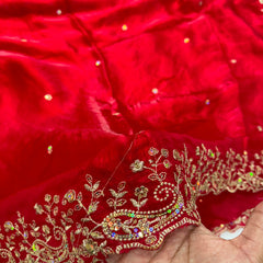 Statement Designer Cherry Red Blue Saree With Heavy Work Ready Blouse
