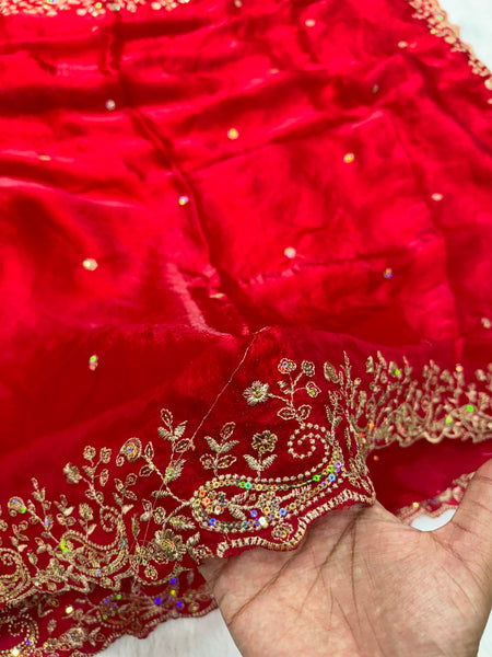 Statement Designer Cherry Red Blue Saree With Heavy Work Ready Blouse