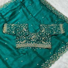 Statement Designer Peacock Green Saree With Heavy Work Ready Blouse