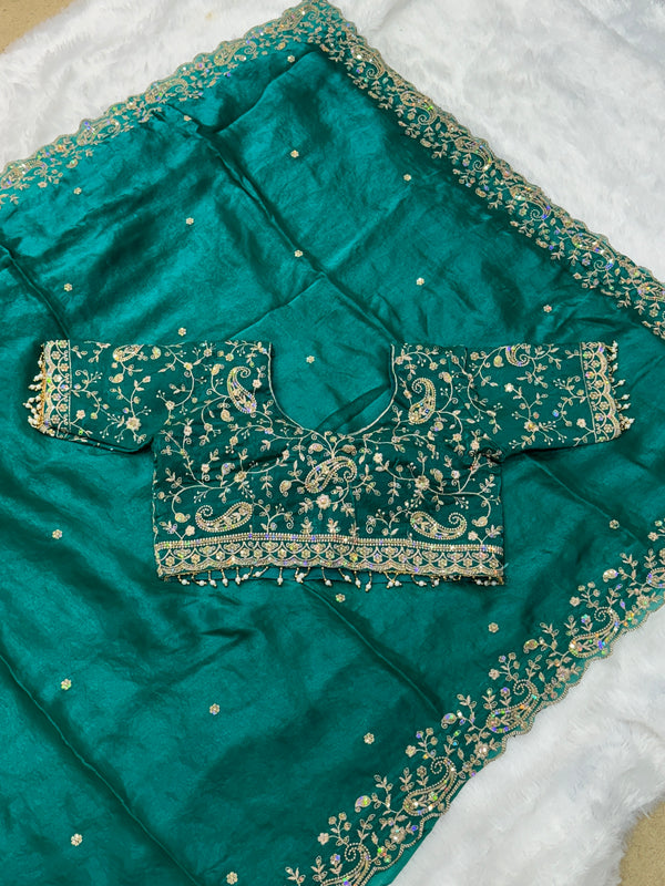 Statement Designer Peacock Green Saree With Heavy Work Ready Blouse