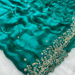 Statement Designer Peacock Green Saree With Heavy Work Ready Blouse