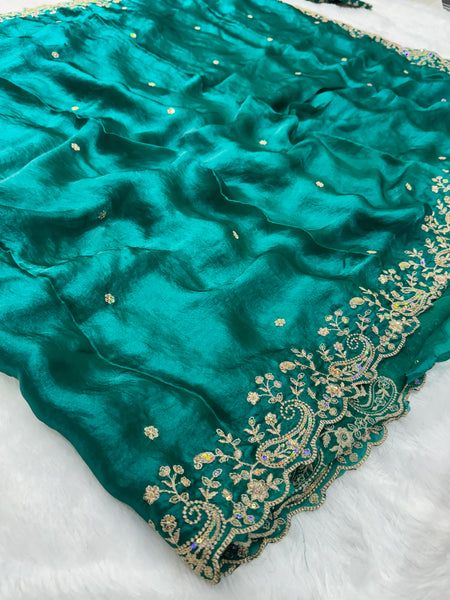 Statement Designer Peacock Green Saree With Heavy Work Ready Blouse