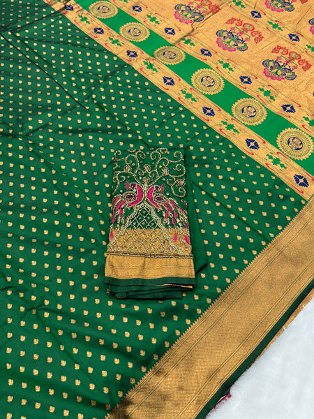 Green Kalanjali Paithani With Aari Work Blouse