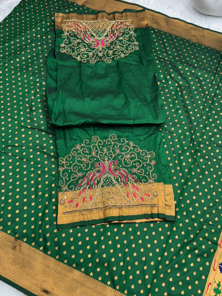 Green Kalanjali Paithani With Aari Work Blouse