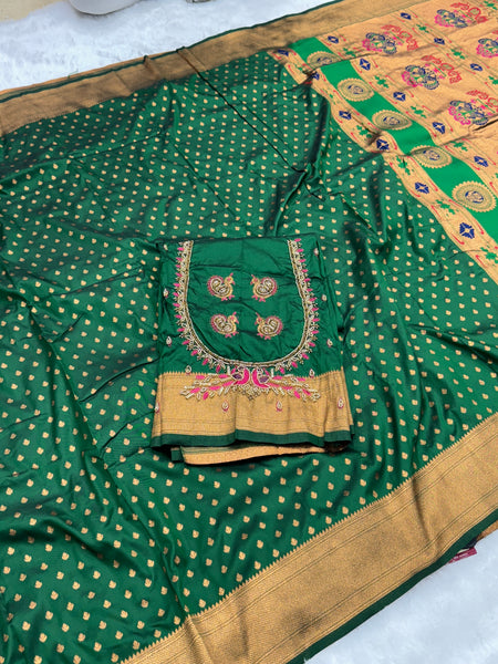 Green Kalanjali Paithani With Aari Work Blouse