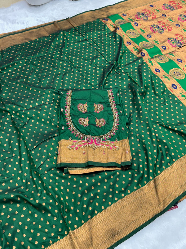 Green Kalanjali Paithani With Aari Work Blouse
