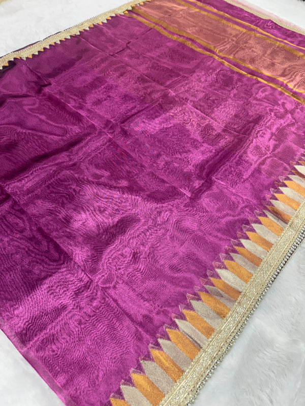 Purple Banaras Tissue Saree With Trending Lace & Temple Border With Lining Blouse